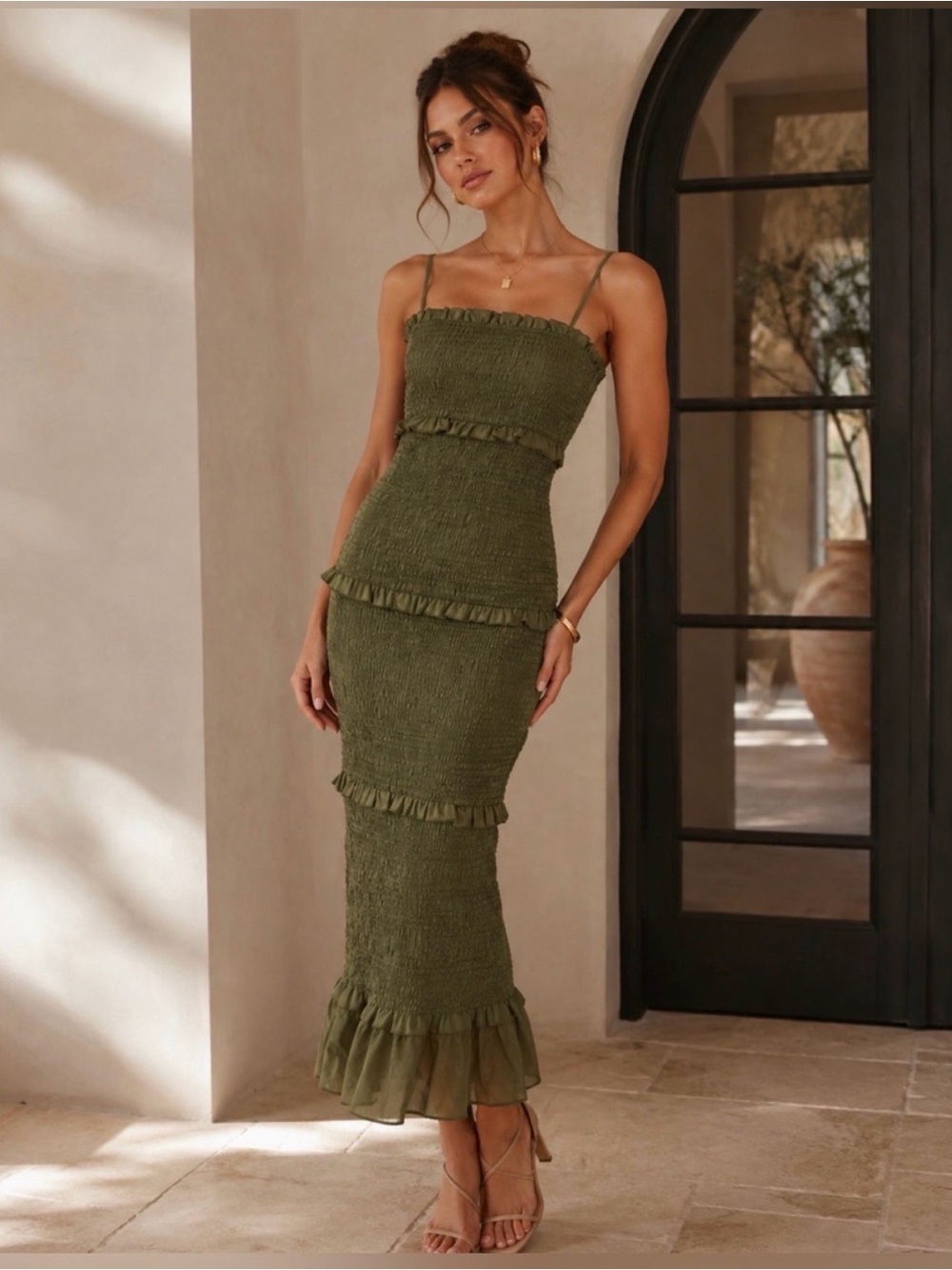 MABLE Olive Green Smocked MIDI Dress with Ruffle Tiers